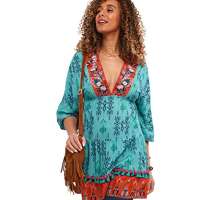 Joe Browns Embroidered V Neck Tiered Hem Pom Pom Detail Kaftan Tunic Dress Multi