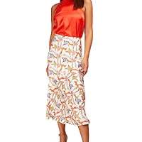 Little Mistress Leaf Print Diagonal Seam Midi Skirt