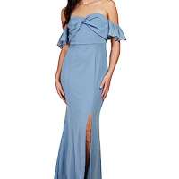 Little Mistress Steel Blue Twist Detail Bardot Maxi Dress